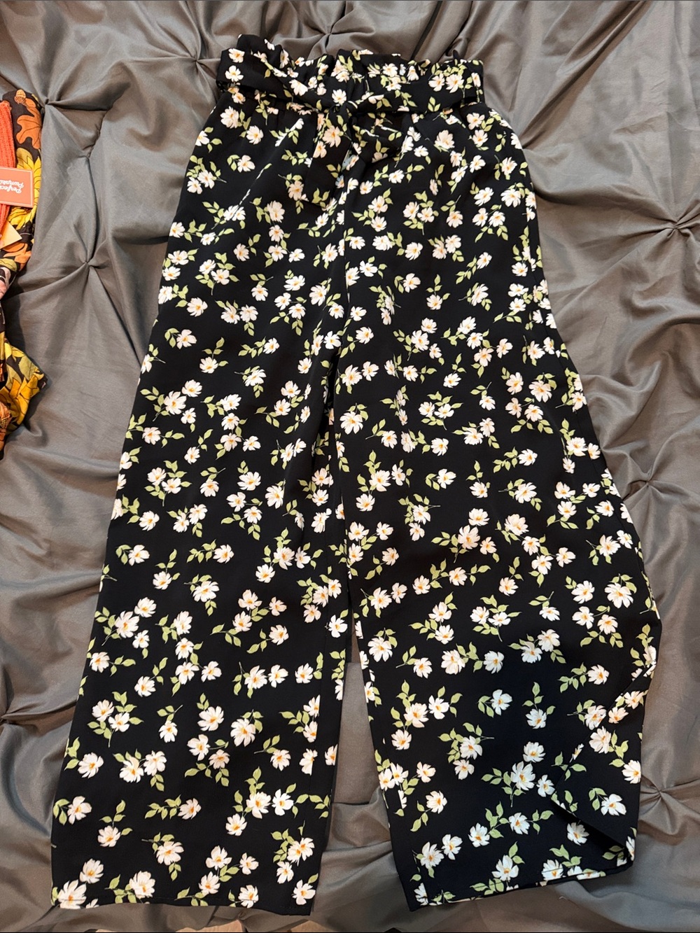 miami Black Floral Wide Leg Paperbag Pants